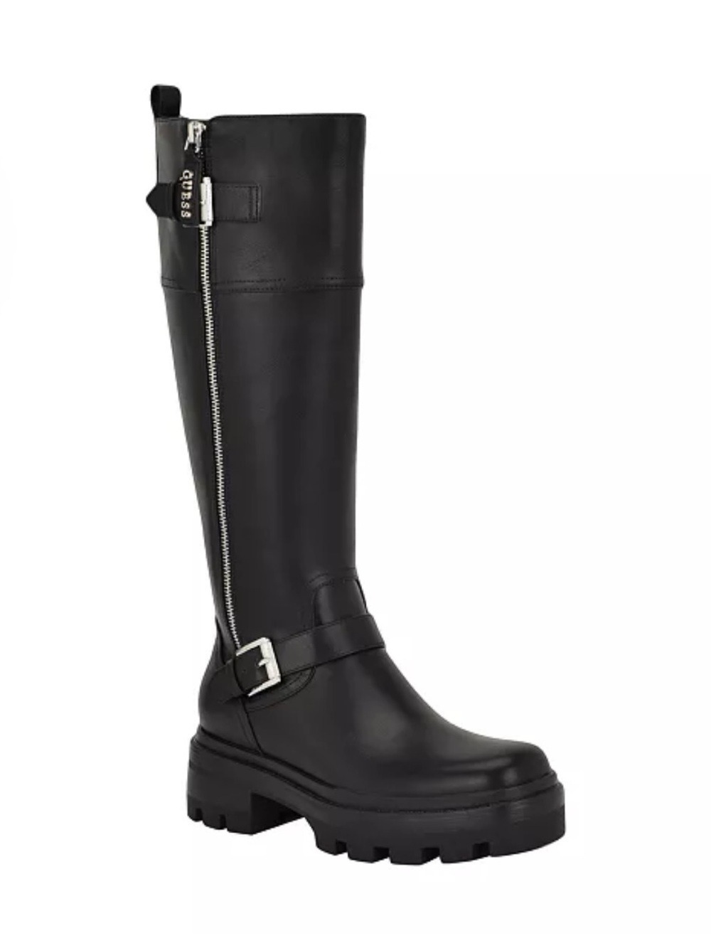 GUESS Women's Lynnie Tall Buckle Moto Lug Knee High Boots Black - NWT